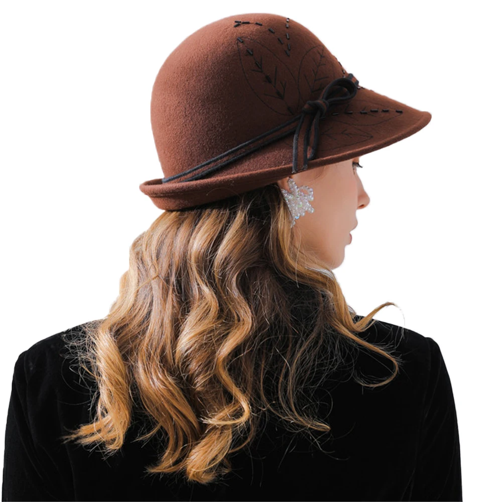 2024 Ladies Wool Felt Bowler Fedora Hats For Women Curl Wide Brim Floppy Church Cloche Hats Elegant Embroidered Beading Hat