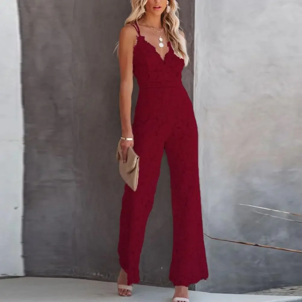 DSMTRC Solid Color V Neck Sleeveless Romper Women Jumpsuit Lace Spaghetti Straps Elegant Sexy Spring Summer Overalls for Office