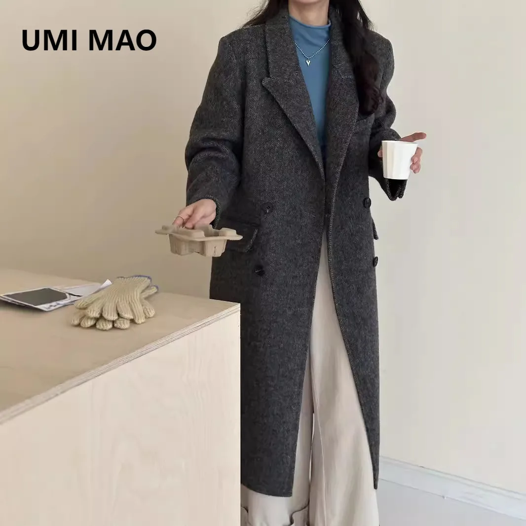 

UMI MAO Высококачественное утолщенное двустороннее шерстяное пальто с узором «елочка» Вовняная куртка средней длины с воротником костюма для женщин