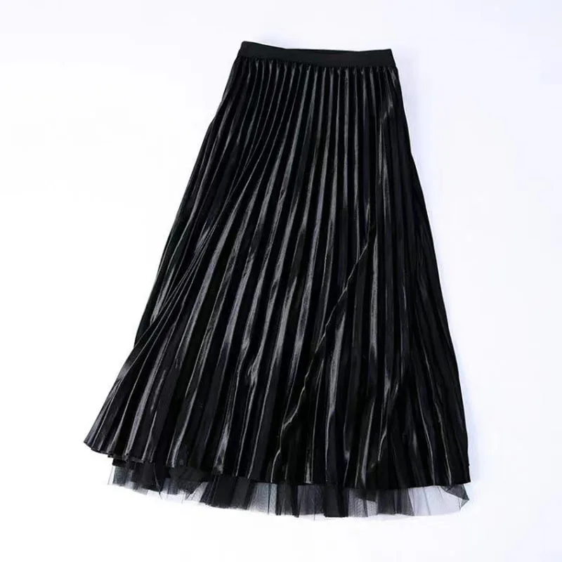 Vintage Gold Velvet Pleated Skirts Women Fashion Double-Sided Wear High Waisted Long Skirt Autumn New Versatile Mesh Midi Skirts