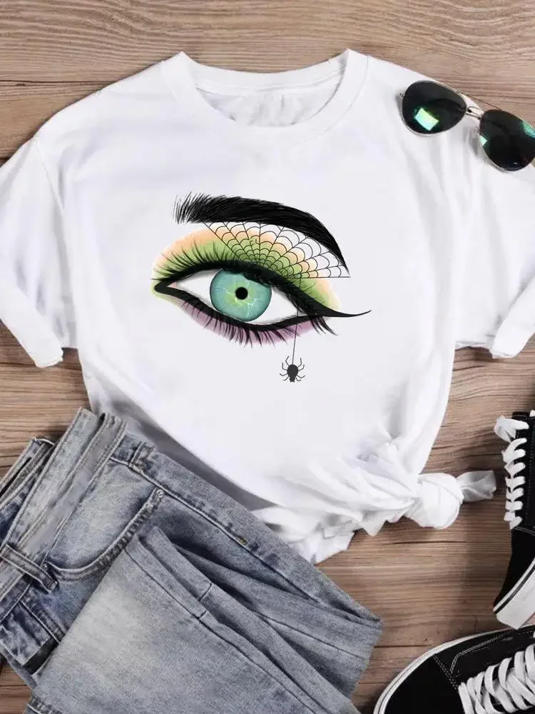 Graphic Tee Eye Cartoon Lovely T-shirts Print Top Halloween Thanksgiving Festival Women Female Fall Autumn Clothing Short Sleeve