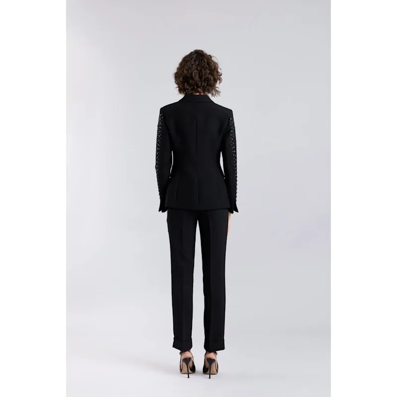 Gaun Wanita Setelan Gaun Elegan Manik-manik Kerah Runcing Jaket Mantel dan Celana untuk Wanita Satin 2 Potong Setelan Kustom W6211