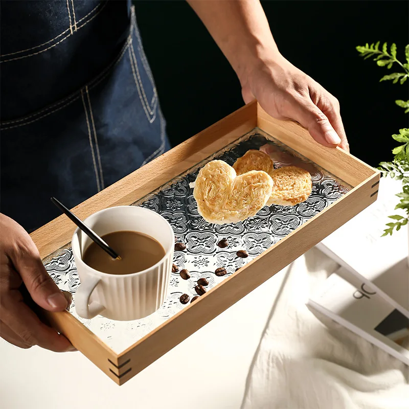 Vintage begonia flower glass wooden tray table ornament set aromatherapy tea sea storage tea tray