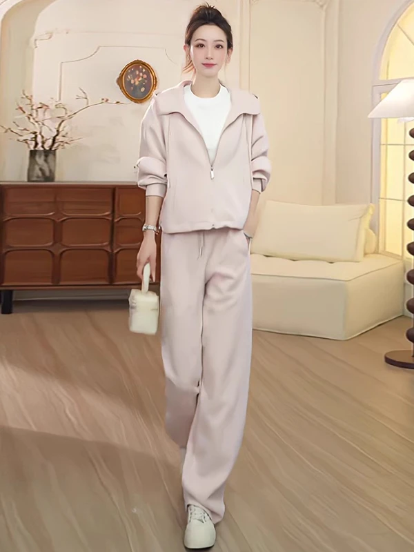 

Loose Slimming Casual Sportswear Set Women's Autumn Fashion Youthful Pink Jacket Top Wide Leg Pants Two Piece Set