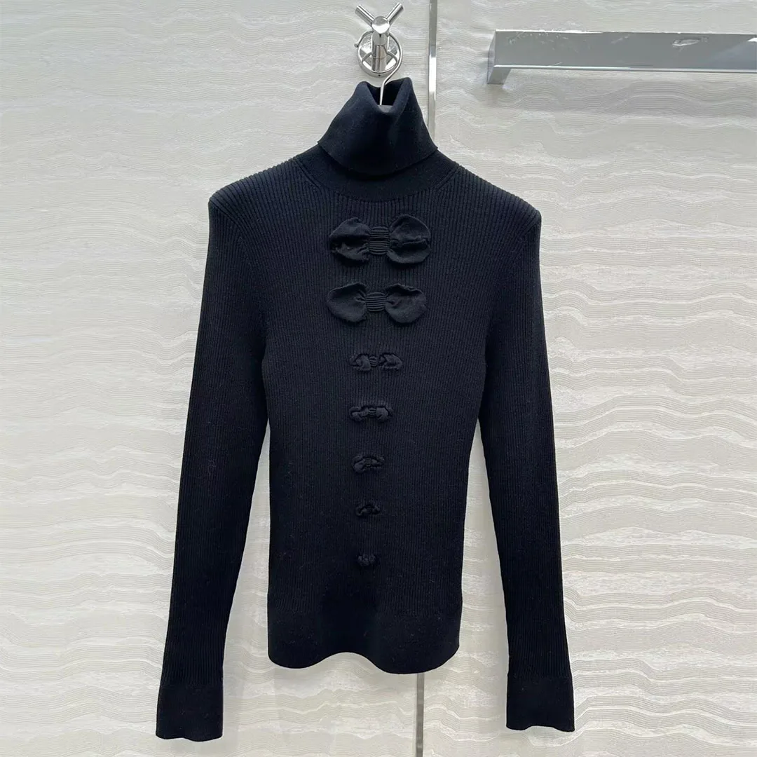 New Autumn Fashion Bow Decoration Slim Wool Knitted Pullover Women Turtleneck Long Sleeve Solid Color Preppy Style Sweet Sweater