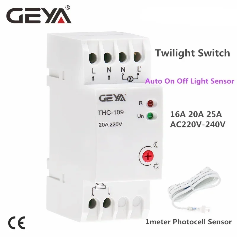 GEYA Din Rail Light Sensor Auto Manual ON OFF Photocell Light Control Switch 16A 20A 25A with Sensor AC220V