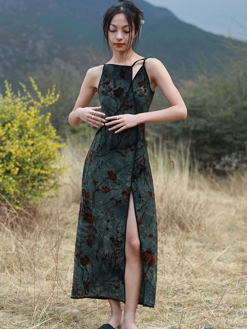 CHEERART Massaal Bloemen Groen Vintage Lange Jurken Vrouw Cheongsam Zomer Backless Een Lijn Side Split Midi Slipdress Designer