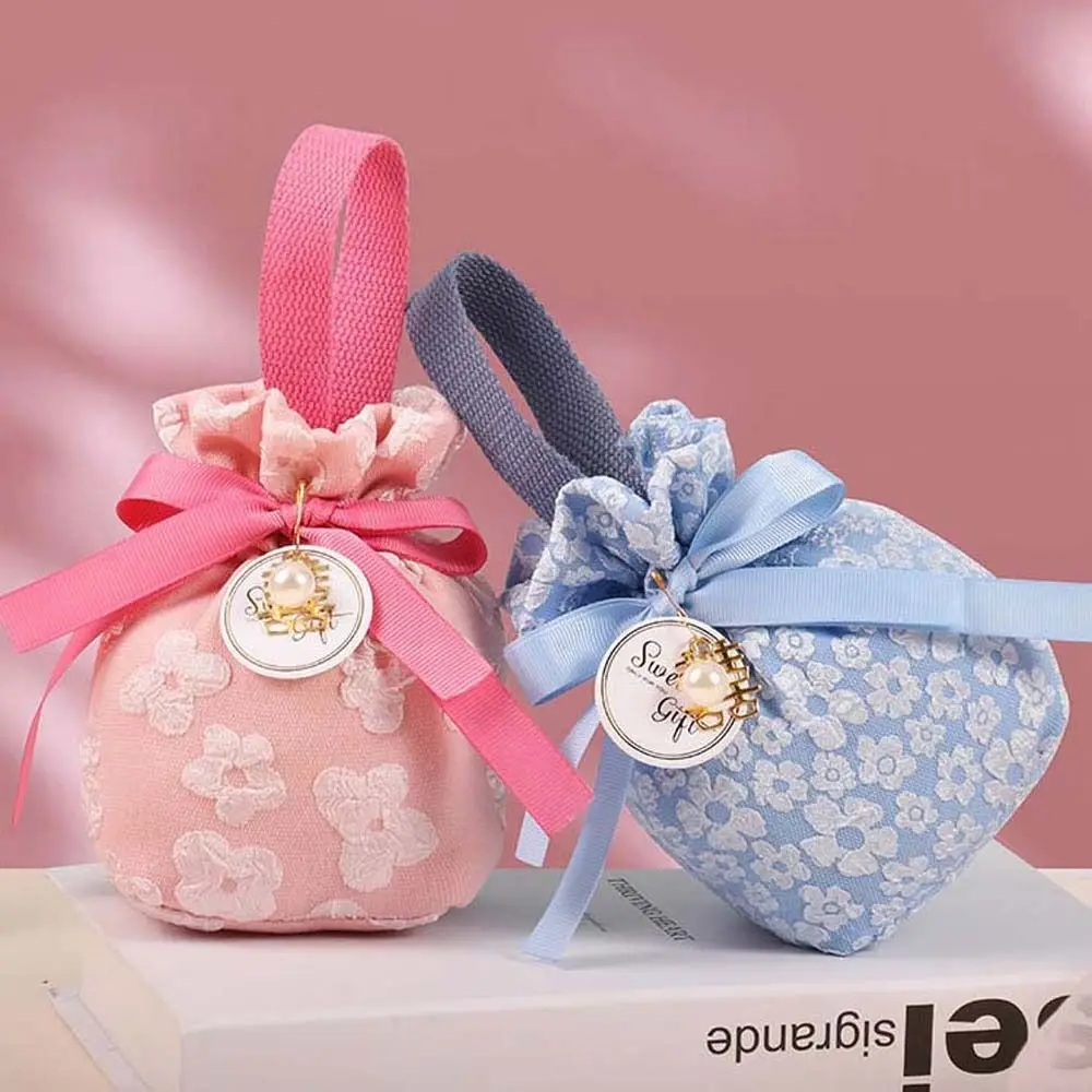 

Sakura Canvas Floral Drawstring Bag Pearl Pendant Stripe Festive Sugar Bag Coin Purse Wallet Jewerly Packing Bag Bowknot Handbag