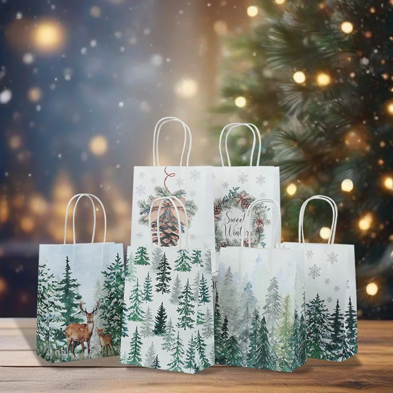 6/12/18 stücke Weihnachten Geschenk Taschen Elch Wald Weihnachten Baum Kraft Papier Süßigkeiten Geschenk Verpackung Tasche mit griff Neue Jahr Party Decor Versorgung – Detail 3