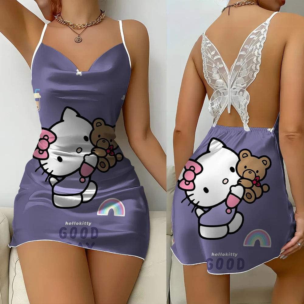 

Sexy ladies open suspended camisole night skirt hellokitty cute sweet printed satin ice silk bag hip skirt lace butterfly dress