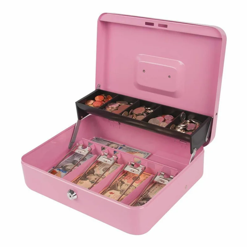 Locking Cash Box With Lock Key Basics Money Organizer Tray Metal Money Saving Organizer Storage Box Safe Cash Drawer - view 5