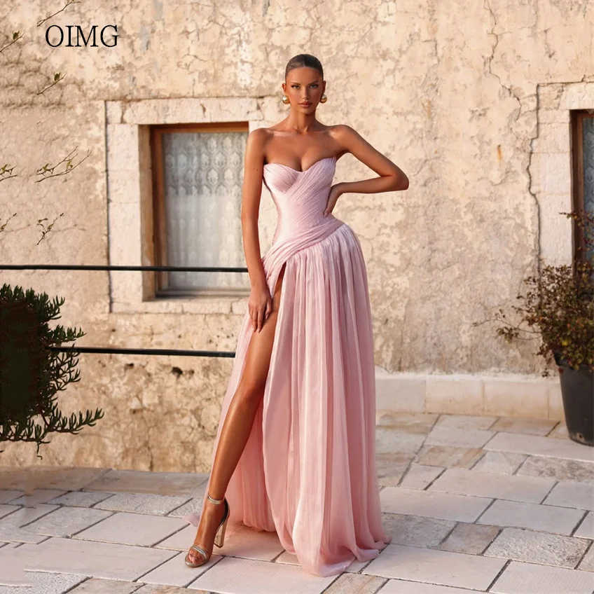 OIMG Modernes rosafarbenes Ballkleid mit herzförmigem Ausschnitt, ärmellos, plissiert, Partykleid, seitlicher Schlitz, bodenlanges Abendkleid, individuell gestaltet