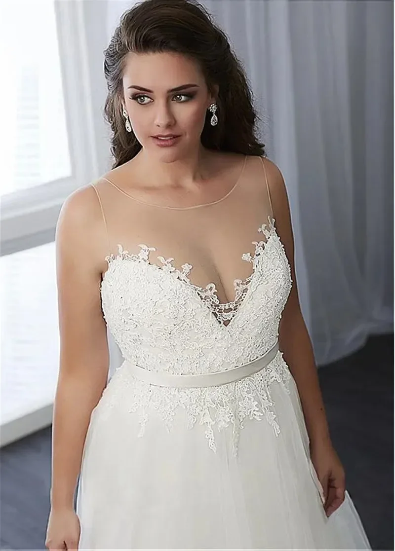 Vestidos de casamento de linha com gola redonda, apliqueados, longos, plus size, vestidos de noiva de tule, costas com cordões, sexy pura, 2024