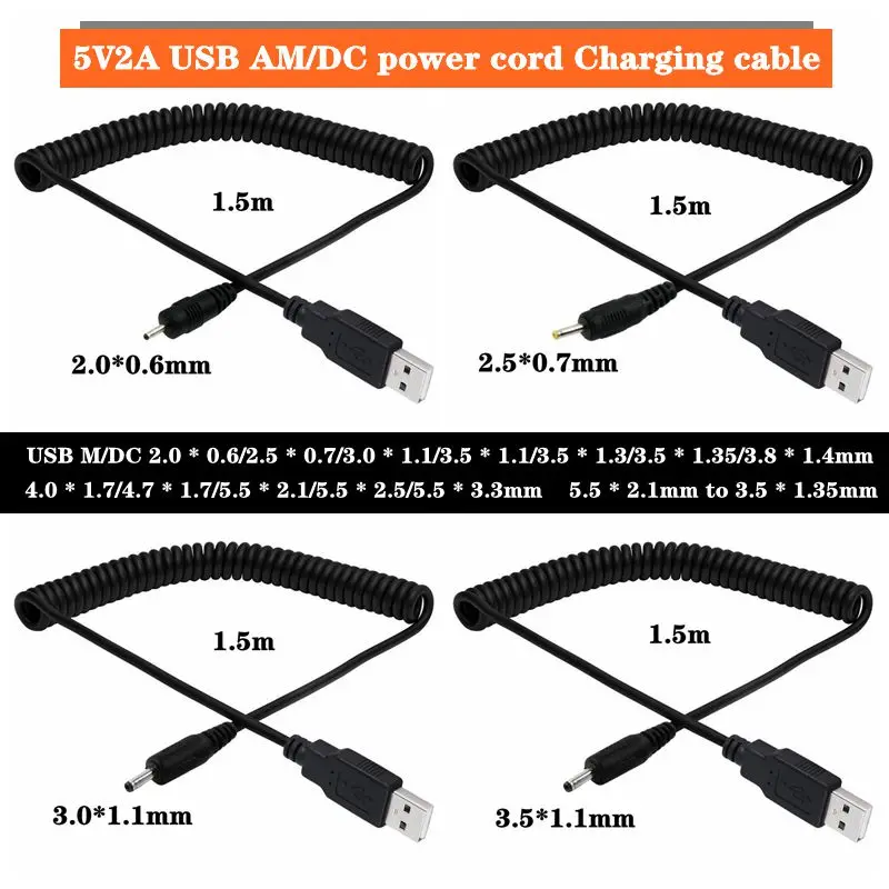 USB To DC 2.0/2.5/3.0/3.5/3.8/4.0/4.7/5.5mm Male 5V2A Current Power Cord Charging Cable USB Telescopic Spring Cable 1.5m