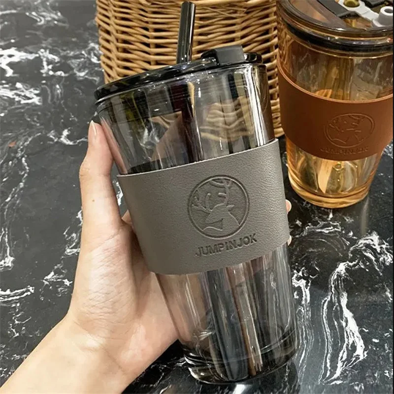 350ml 450ml Creative Christmas Deer Glass Cup With Lid Straw Leather Cover Heat-resistant Coffee Mug Transparent Glass Tea Cup