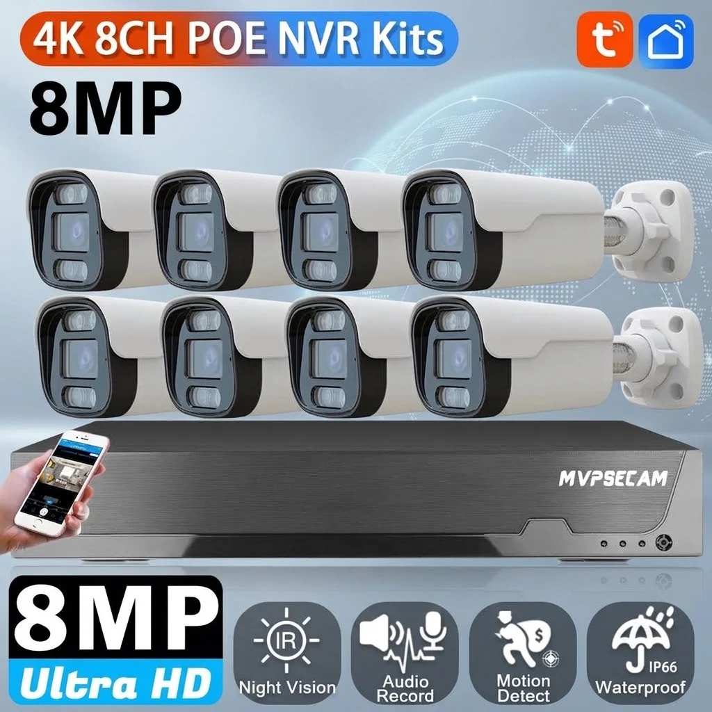 Tuya 4K POE CCTV Security System Kit Outdoor Waterproof Bullet IP Camera Video Surveillance Kit Motion Detection 8MP POE NVR Kit