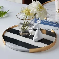 Nordic Light Luxury Marble Tray Golden Cosmetics Jewelry Storage Tray Storage Round Desktop Decorations Living Room Decorations