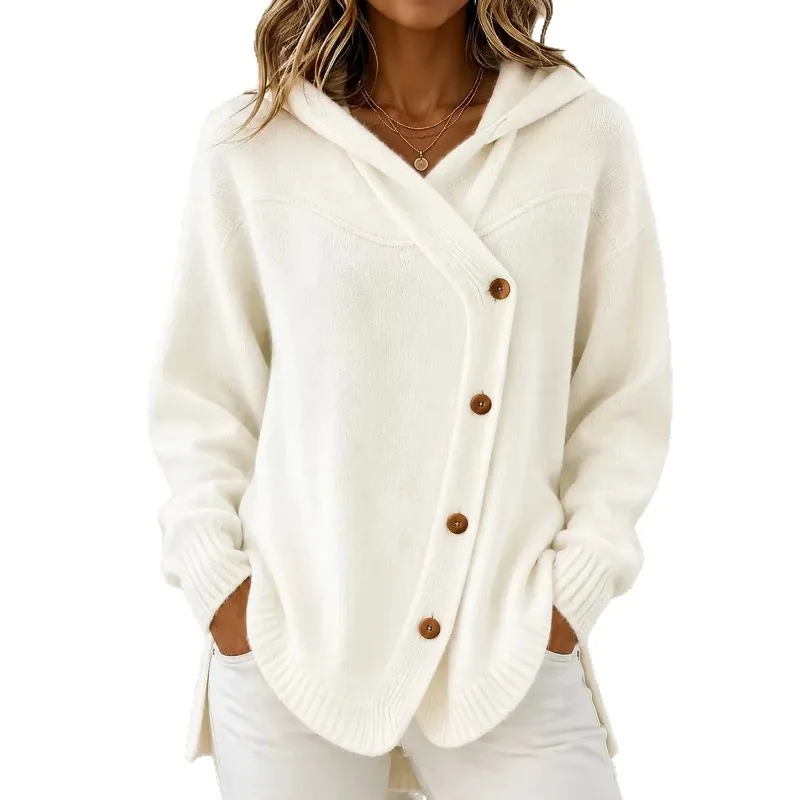 Women Hooded Knit Cardigan Oblique Button Design Long Sleeve Loose Autumn Winter Solid Color Coat Pockets Casual Knitted Sweater 6