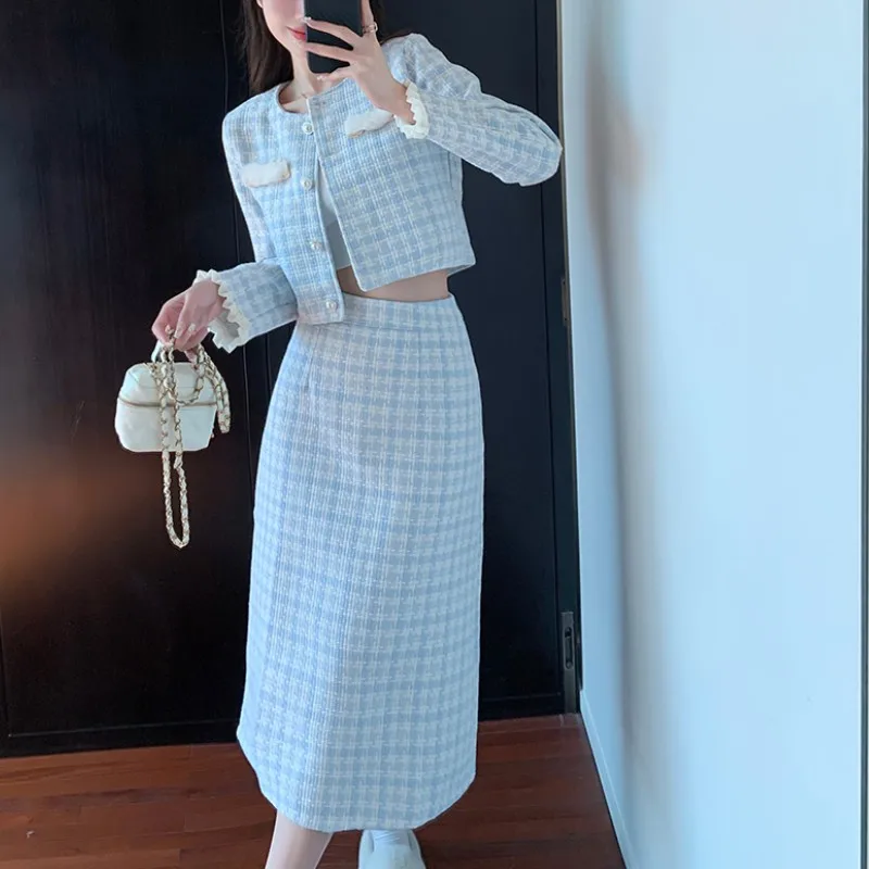 Retro Temperament Small Fragrant Womens Blue Plaid Tweed Long Sleeve Crop Top+High Waist Midi Skirts Woman Clothes 2 Pieces Set