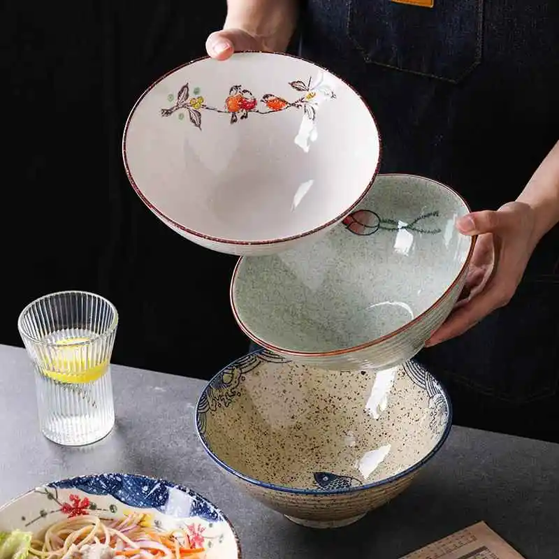 

Snowflake Glaze Ceramic Bowl Japanese Style Rice Bowl Wide Mouth Salad Bowl Soup Bowl Drum Shape Dinnerware for Adults