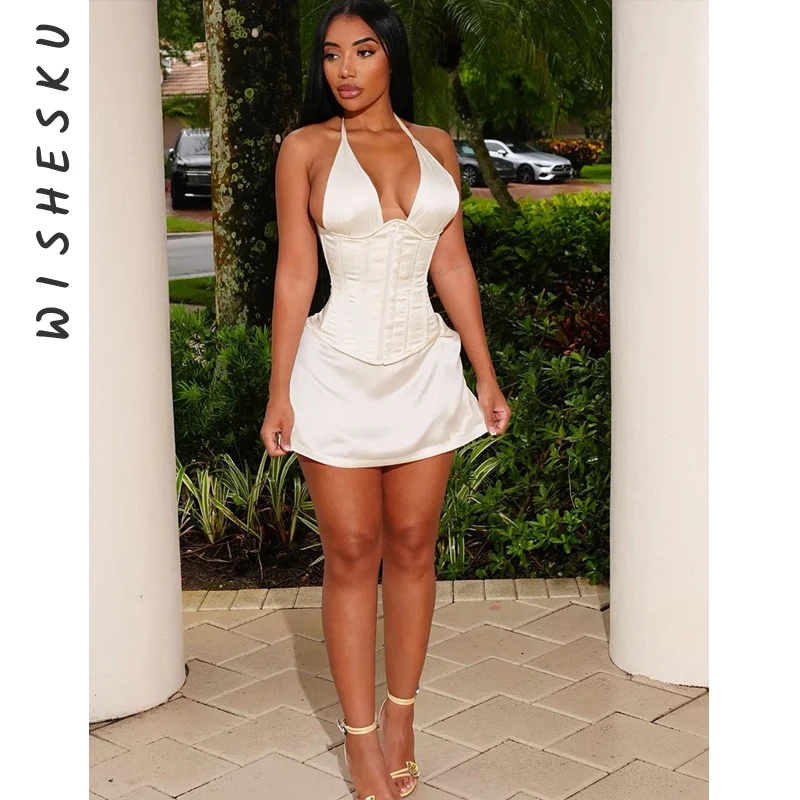 

Two Piece Set Women Satin Skirt Outfits Sexy Halter Lace Corset Top+High Waist Mini Skirts 2025 Summer Vintage Y2K Clothes