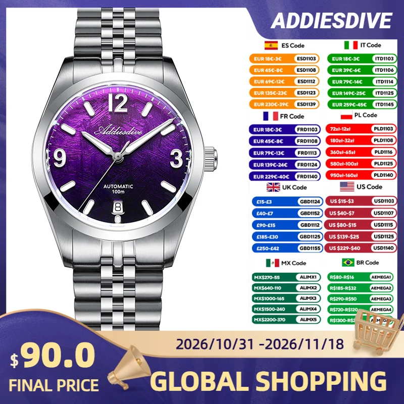 ADDIESDIVE 8215 Men's Automatic Mechanical Watch AD2547 Sapphire Glass Wristwatch 10Bar Waterproof BGW9 Super Luminous Watches