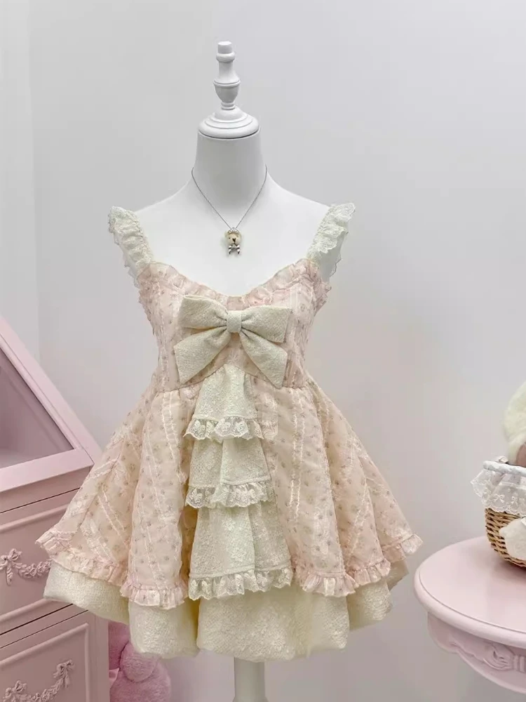 الحلو Kawaii القوس الدانتيل النساء لوليتا فساتين مجموعات نفخة الأكمام كشكش الطبقات الجنية فساتين الإناث الأميرة خمر Kawaii وتتسابق