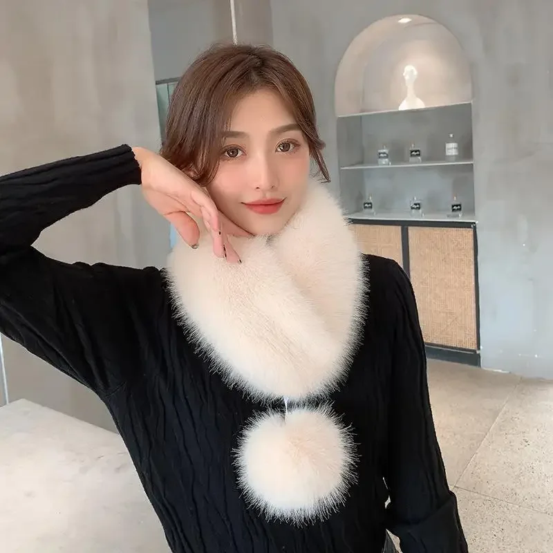 Fashionable and trendy scarf, versatile imitation fur warm scarf, Korean version, white fox fur fur collar, ribbon ball, winter