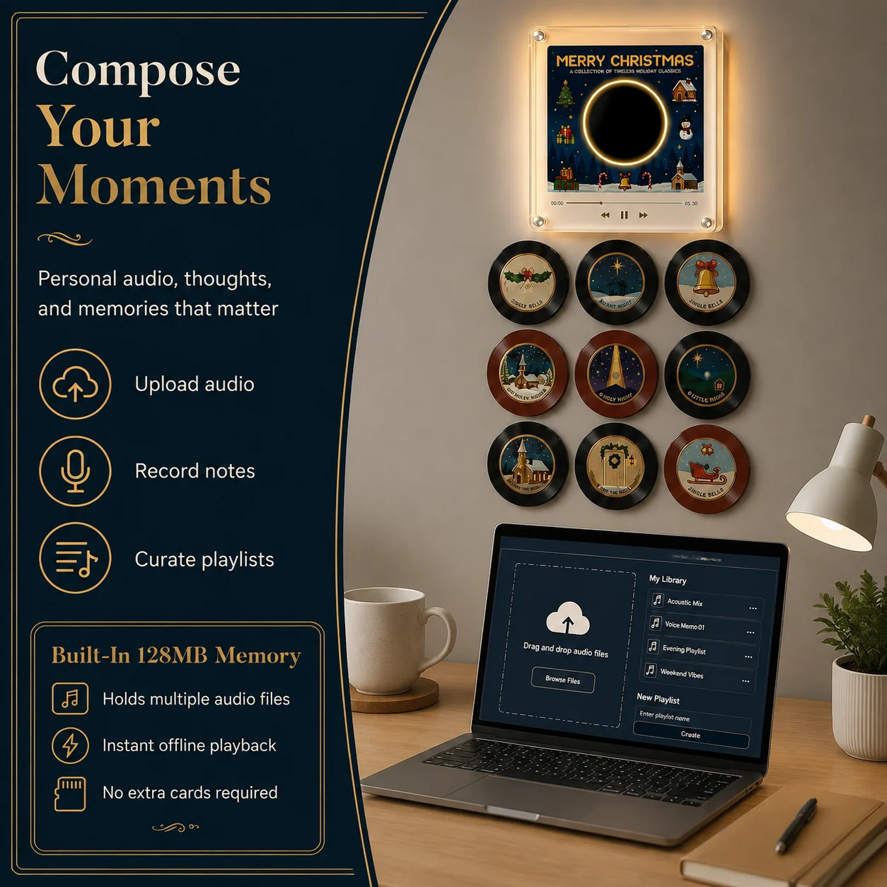 Smart Magnetic Music Fridge Light Touch To Play Vinyl Record Player Night Light Built-in Glow LED Decor Lamp Album Fridge Magnet