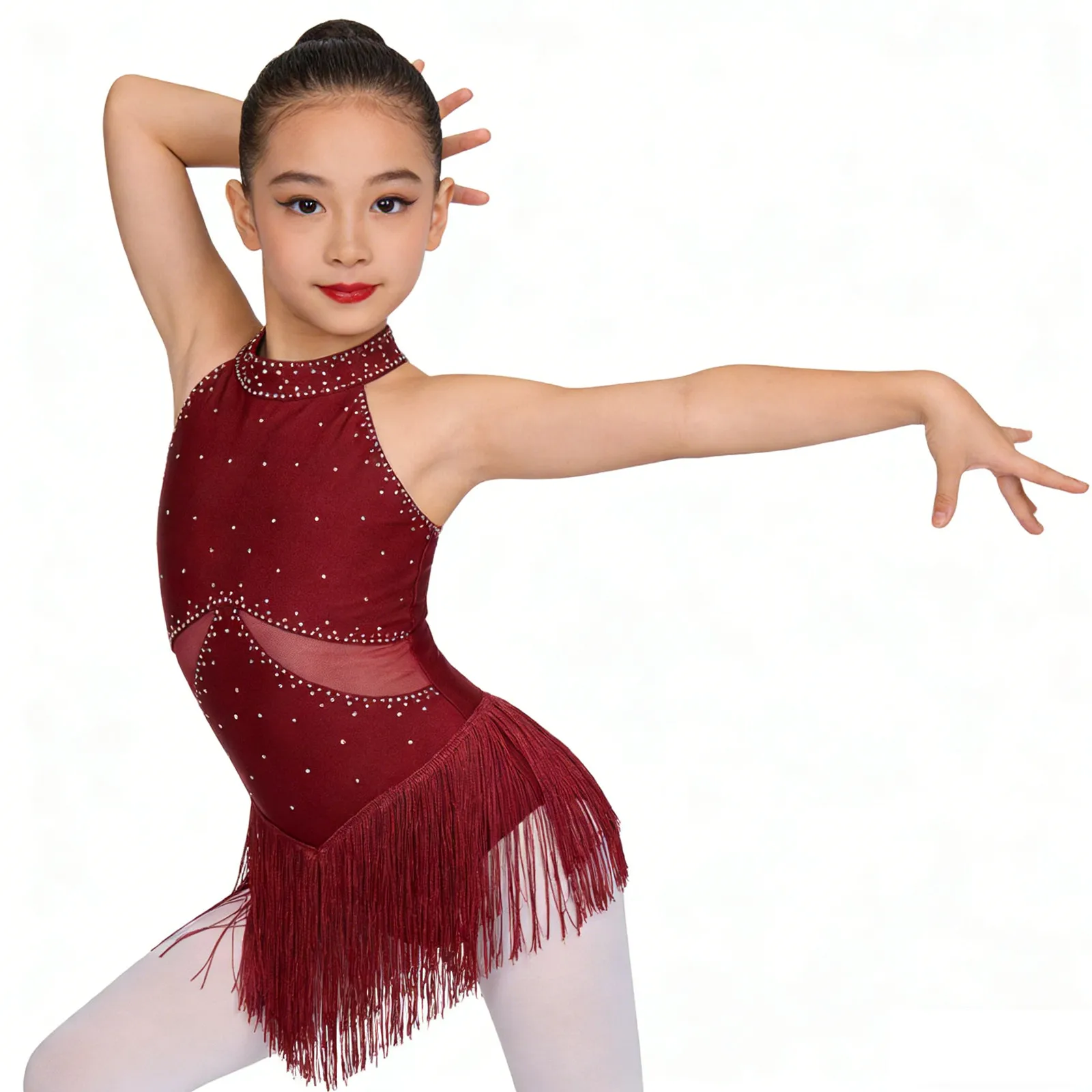 Kids Girls Rhythmic Gymnastics Artistic Skating Leotards Dress Tassel Glittery Rhinestones Ballet Jersey Lyrical Dance Costumes
