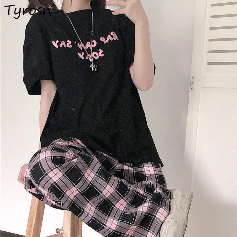 Women Sets Letter Printed T-shirts Harajuku O-neck Tshirts High Street Wide Leg Pants Retro Plaid Trousers Students Ins Outfits