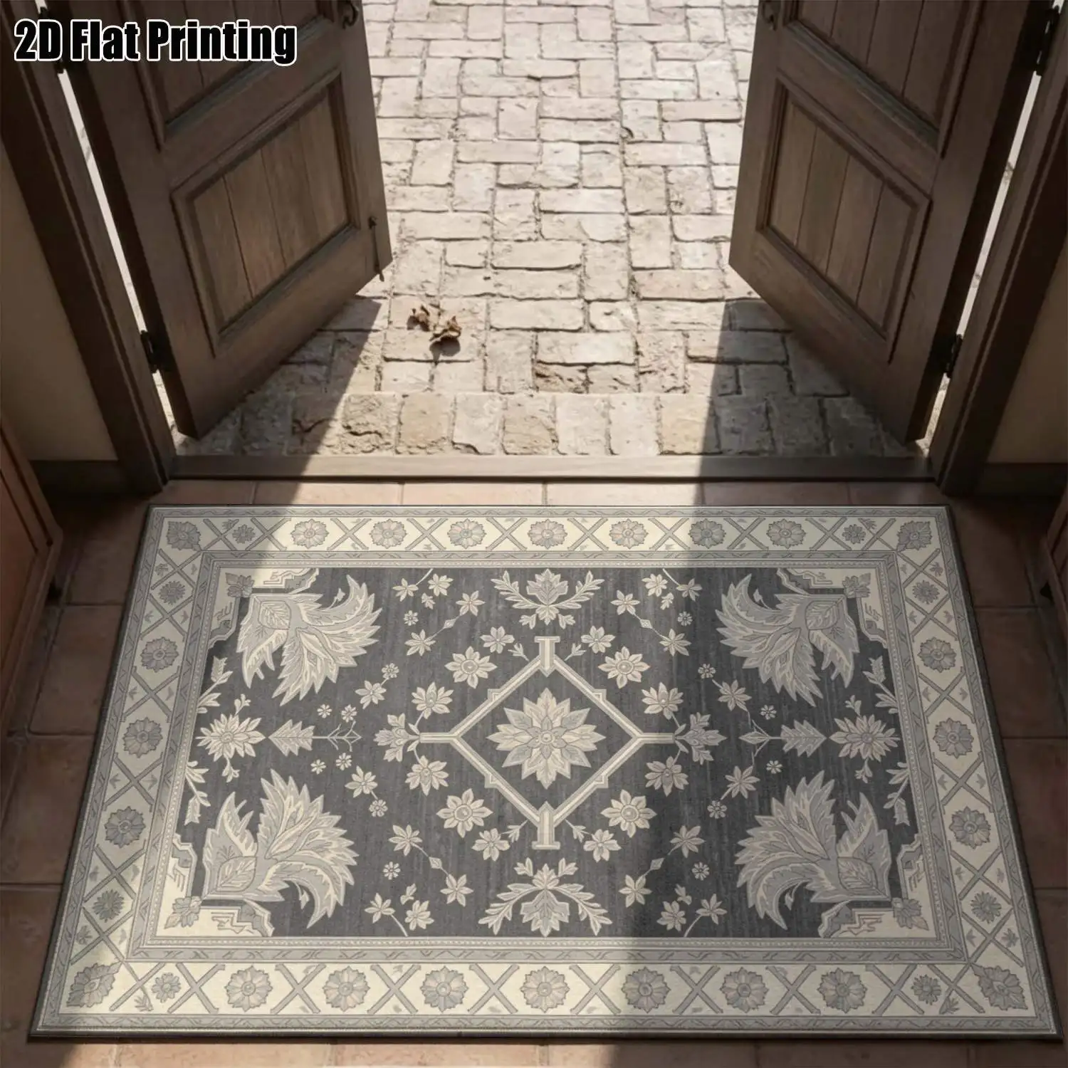 1Pc 2D Printed Carpet: Blue-Grey Floral Leaf Pattern, European Vintage Minimalist Geometric Style, Multi-Size, Machine Washable, Suitable for Entrance, Dining Room, Foyer, Bedroom, Living Room Home Decor