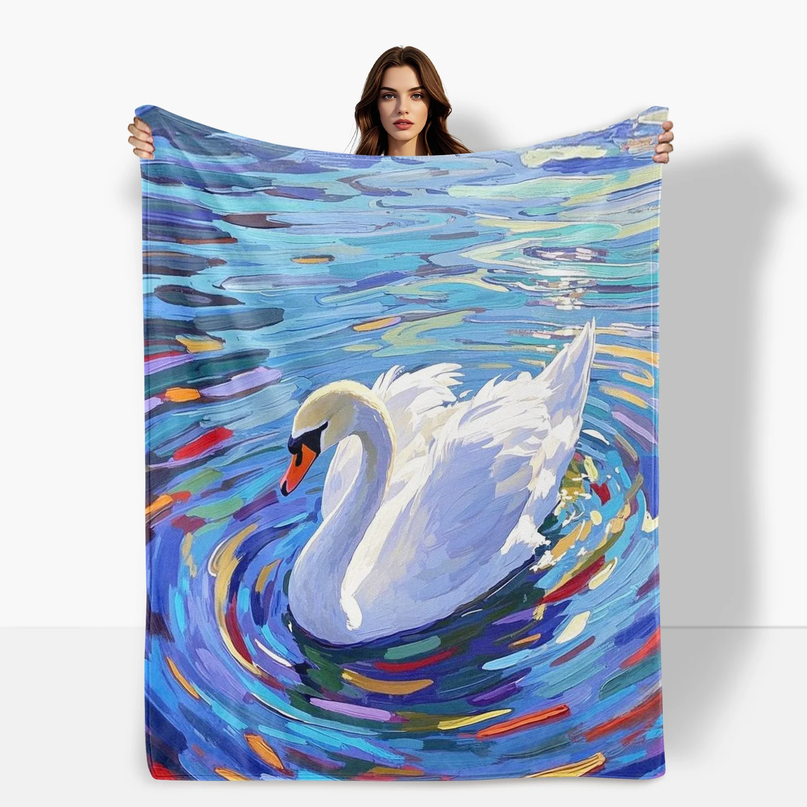 Oil Painting Inspired Swan Design With White Accents And Water Theme Cozy Blanket For Elegant Home Decor And Warmth