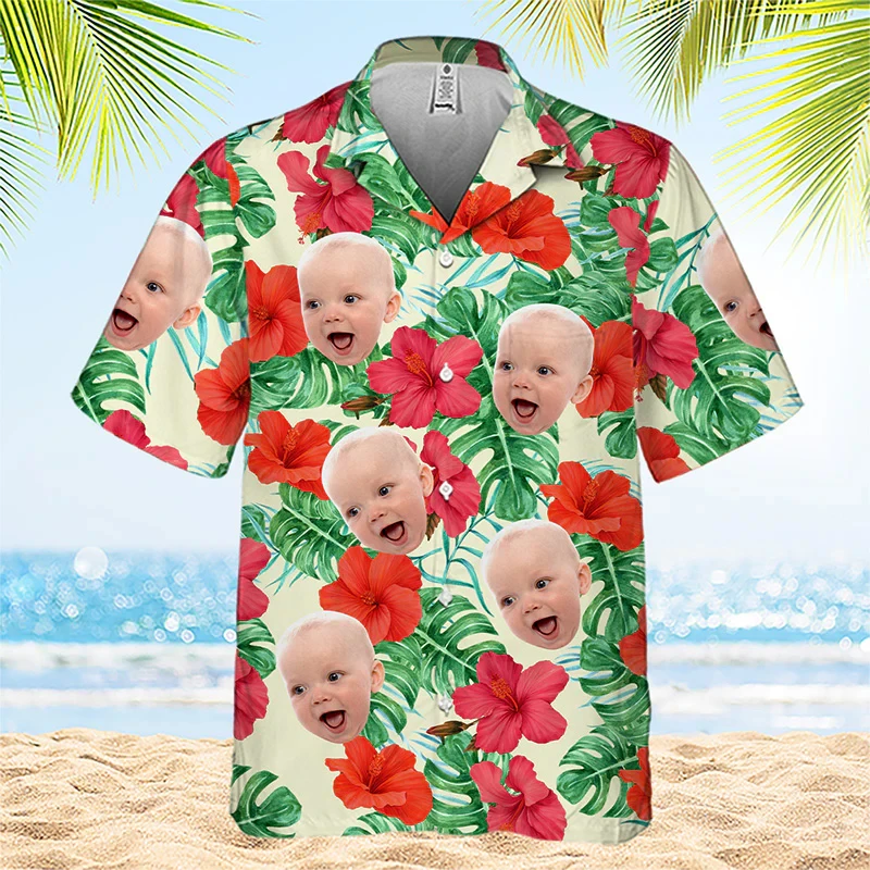 

Face Photo Baby Shirts For Men Clothing Custom 3D Print Hawaii Funny Shirt Top Gifts in Memory of Baby Lapel Short Sleeve Blouse