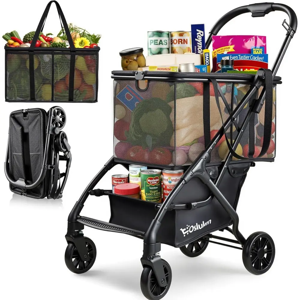 

Складная корзина для покупок с колесами, многофункциональные тележки для продуктов 75 фунтов на 360 градусов ° Колеса и съемная большая сумка, многофункциональная портативная