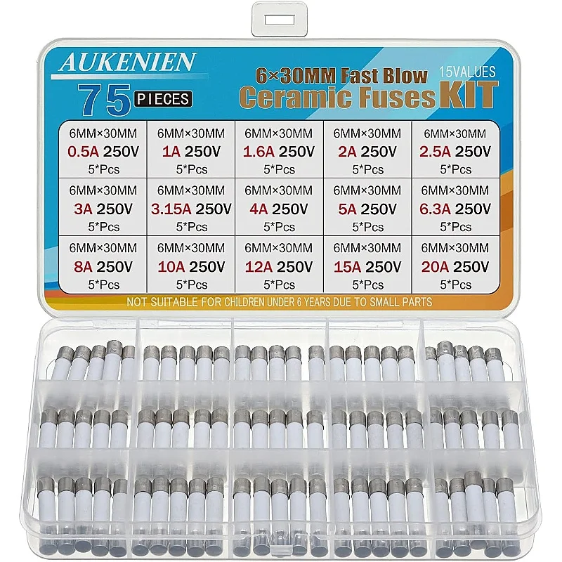 

6x30mm Fast Ceramic Fuses 15Value 0.5A 1A 1.6A 2A 2.5A 3A 3.15A 4A 5A 6.3A 8A 10A 12A 15A 20A 250V Ceramic Fuses Assortment Kit