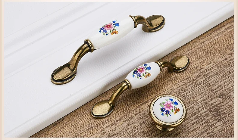 Antique Bronze Ceramic Cabinet Handles Zinc Alloy Drawer Knobs Wardrobe Door Handles Morning Glory European Furniture Handle