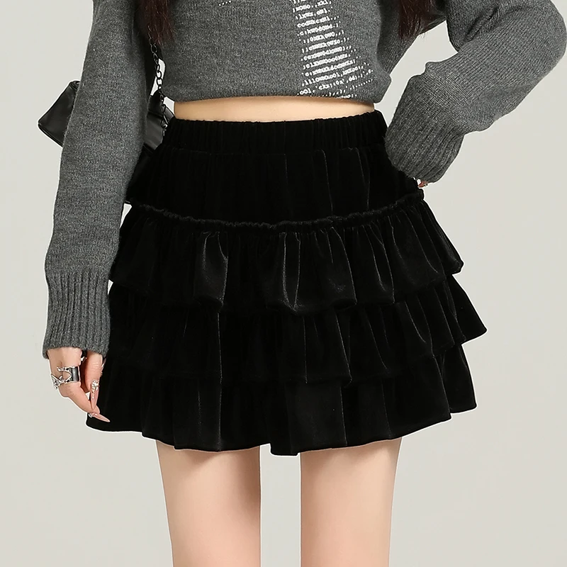 Vintage Black Velvet Mini Skirt Women Y2K Ruffles Patchwork Ball Gown Skirts Winter Harajuku Streetwear Casual A Line Faldas New
