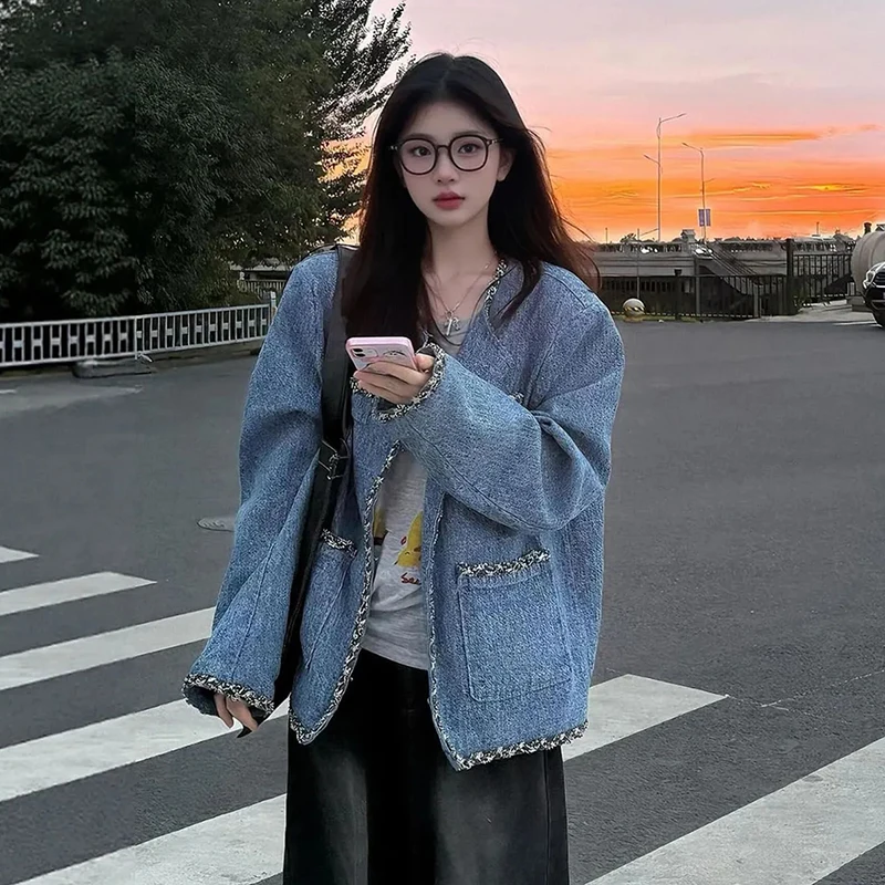 

Early Autumn Blue Jacket Women Vintage Patchwork Long Sleeve Pocket Loose Coats Y2K Streetwear Simple Office Lady Female Outwear