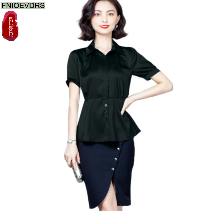

Peplum Tops Blouses New Fashion Women Summer Short Sleeve Office Lady Work Solid Black White Elegant Shirts