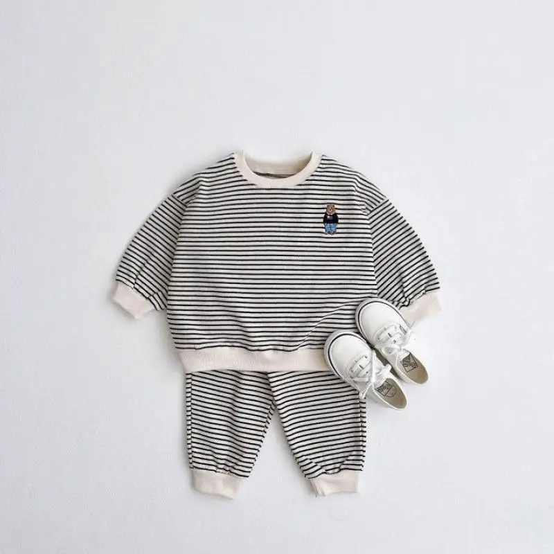 2024 AncoBear Spring Autumn Kids Pinstripe Suit 2 Pcs Infants Cartoon Bear Embroidery Pullover Top + Long Pants Children Outfit