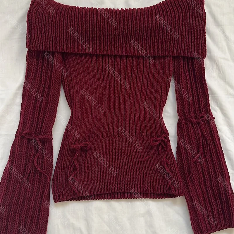 

Solid color casual retro autumn and winter women's thin sweater cute bow 2000s streetwear Y2K versatile fashion new slim sweater