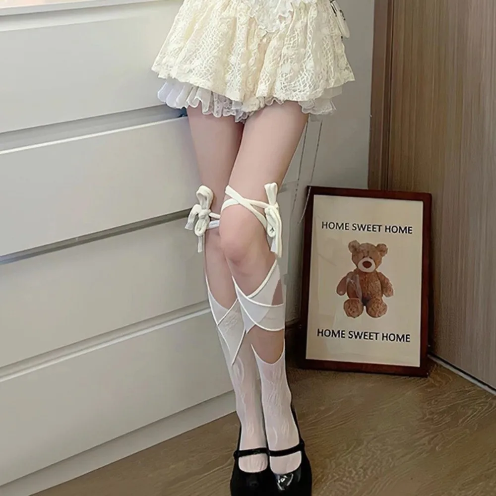 1 pair Y2K Cross Tied Fishnets Tabi Socks Lace Pattern Irregular Split-toe Sock Thin Summer Socks Women