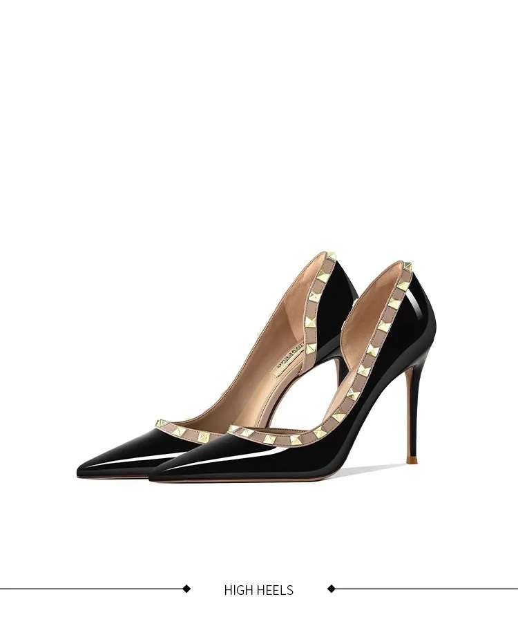 

Новинка 2023 года, женские туфли без шнуровки на высоком каблуке с острым носком и заклепками, черные туфли без шнуровки на тонком каблуке с боковой открытой стороной, туфли большого размера из ивы