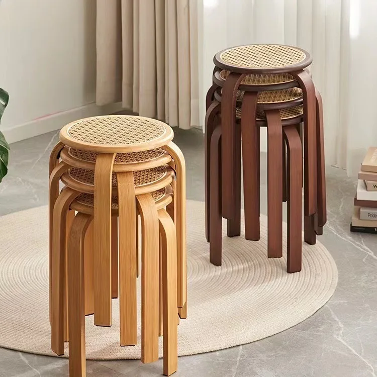 Rattan solid wood round stool dining stool thickened simple wood stool household living room dining table wood stacked wooden be