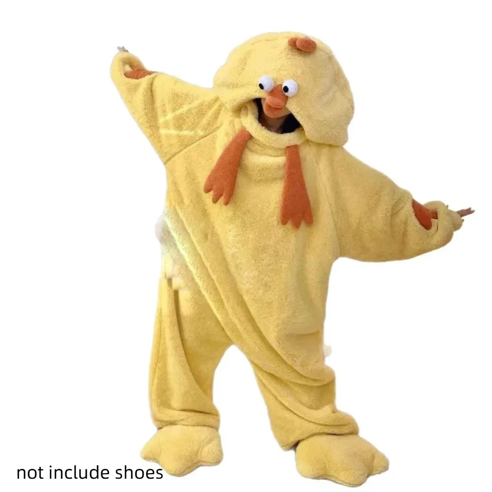 Jumpsuits Cartoon Chicken Pajamas Funny Long Sleeve Little Yellow Chicken Pajamas Plush Warm Home Wear Coral Fleece Nightwear