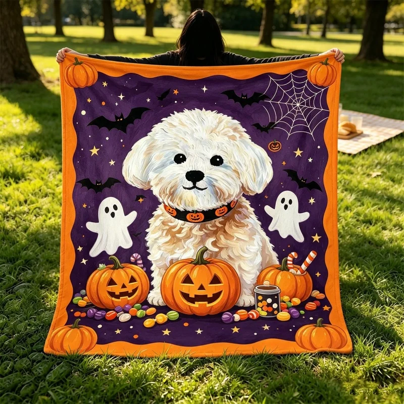 Halloween Ghost On Toilet Pumpkin Candle Bat Print Soft Cozy Home Sofa Bed Blanket