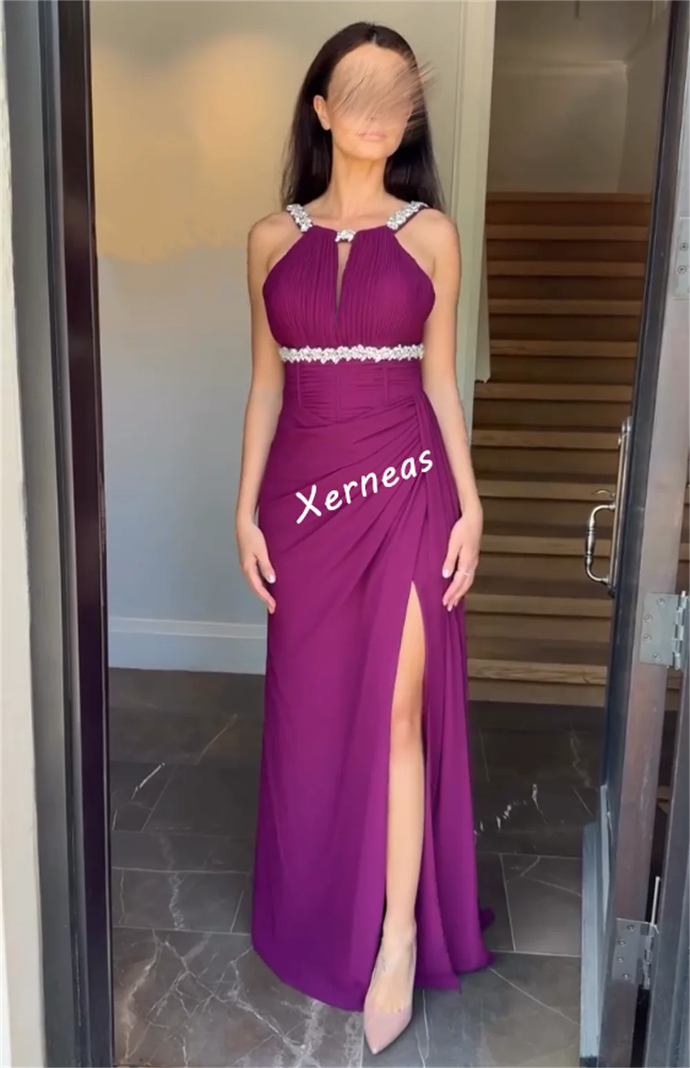 Vestidos largos de trompeta con cuello redondo y pliegues de diamantes de imitación de gasa personalizados para ocasiones a medida mujer exquisita fiesta boda noche de mujer