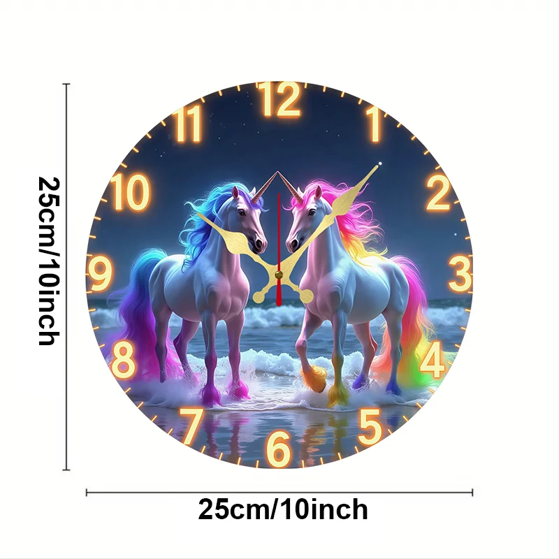 Rainbow Unicorn Wooden Round Silent Hanging Wall Clock, Suitable For Living Room, Office, Study Room, Bedroom, Home Decoration