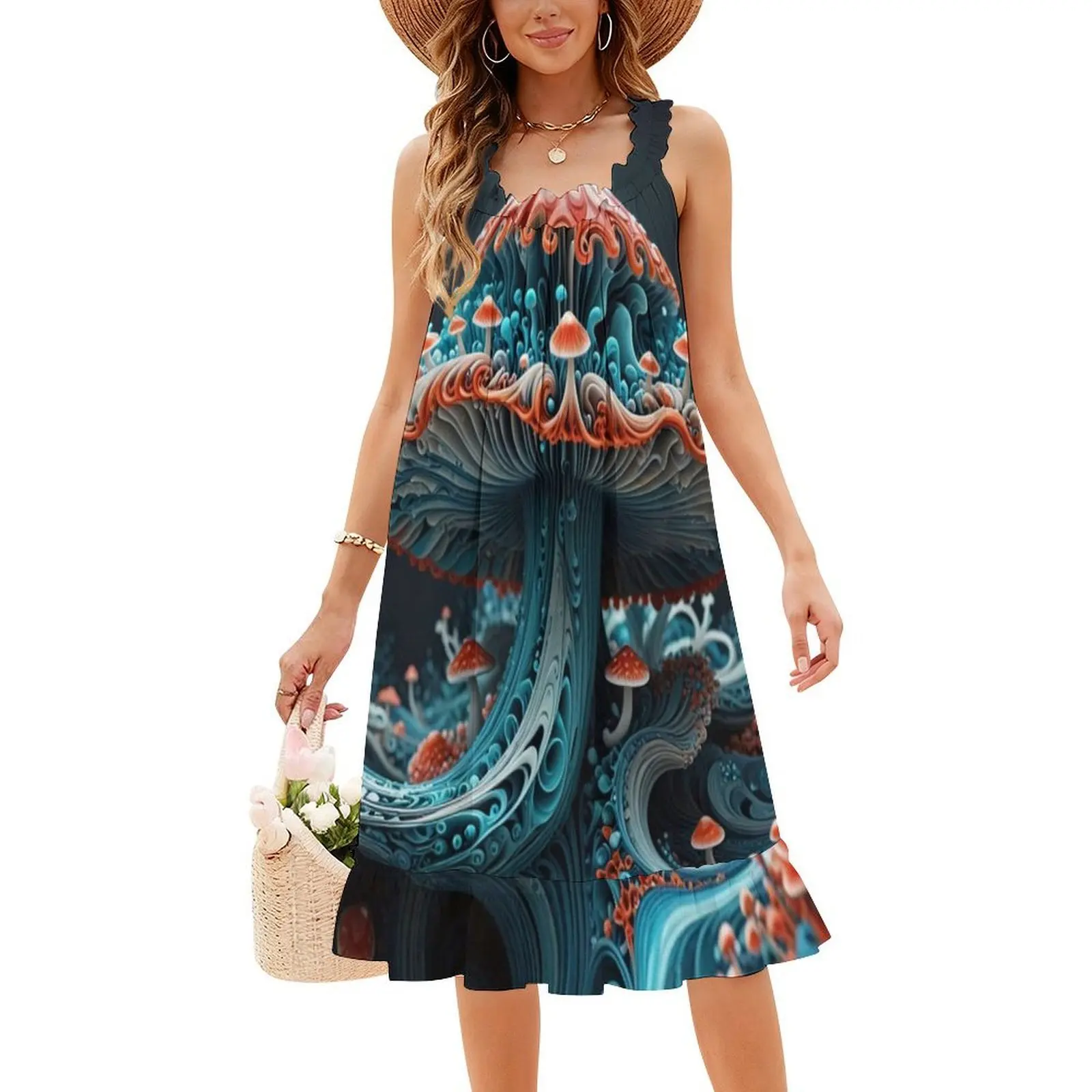 فطر مخدر في الفطر البوهيمي فستان بلا أكمام متعدد الطباعة عطلة الشاطئ فستان الحفلات سريالية الفطر الفن الخيال #4
